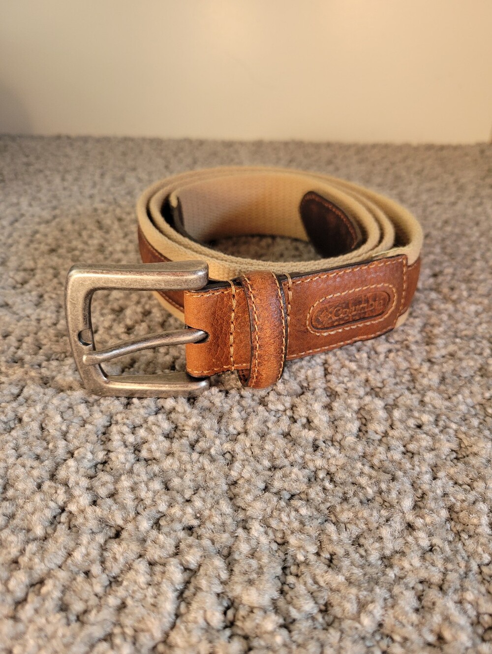 Columbia Canvas Web Belt Tan Khaki Brown Leather Trim Silver Buckle Mens Size 44